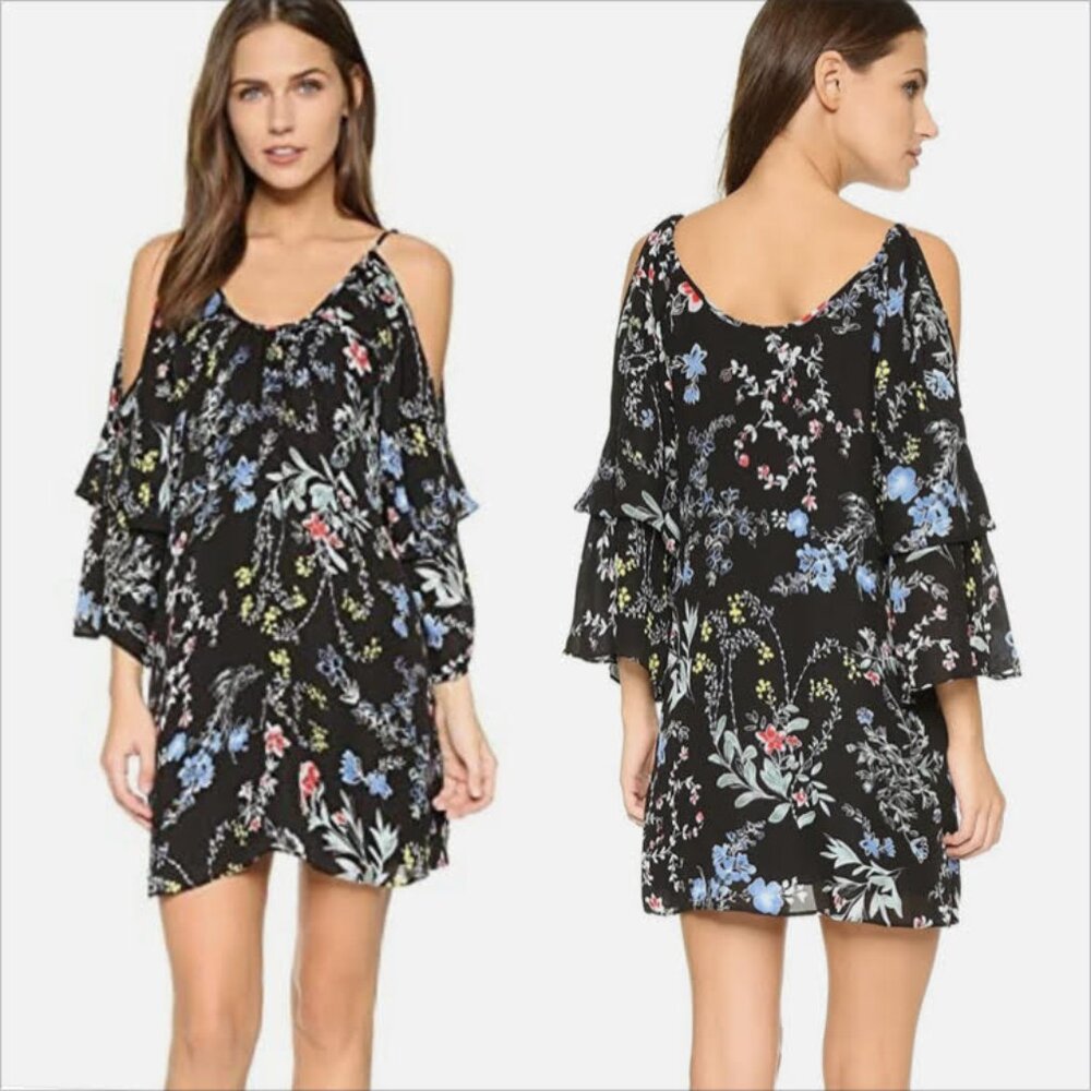 Parker Mini Tunic Dress Sz M Womans Black Floral 100% Silk Cold Shoulder Sleeve